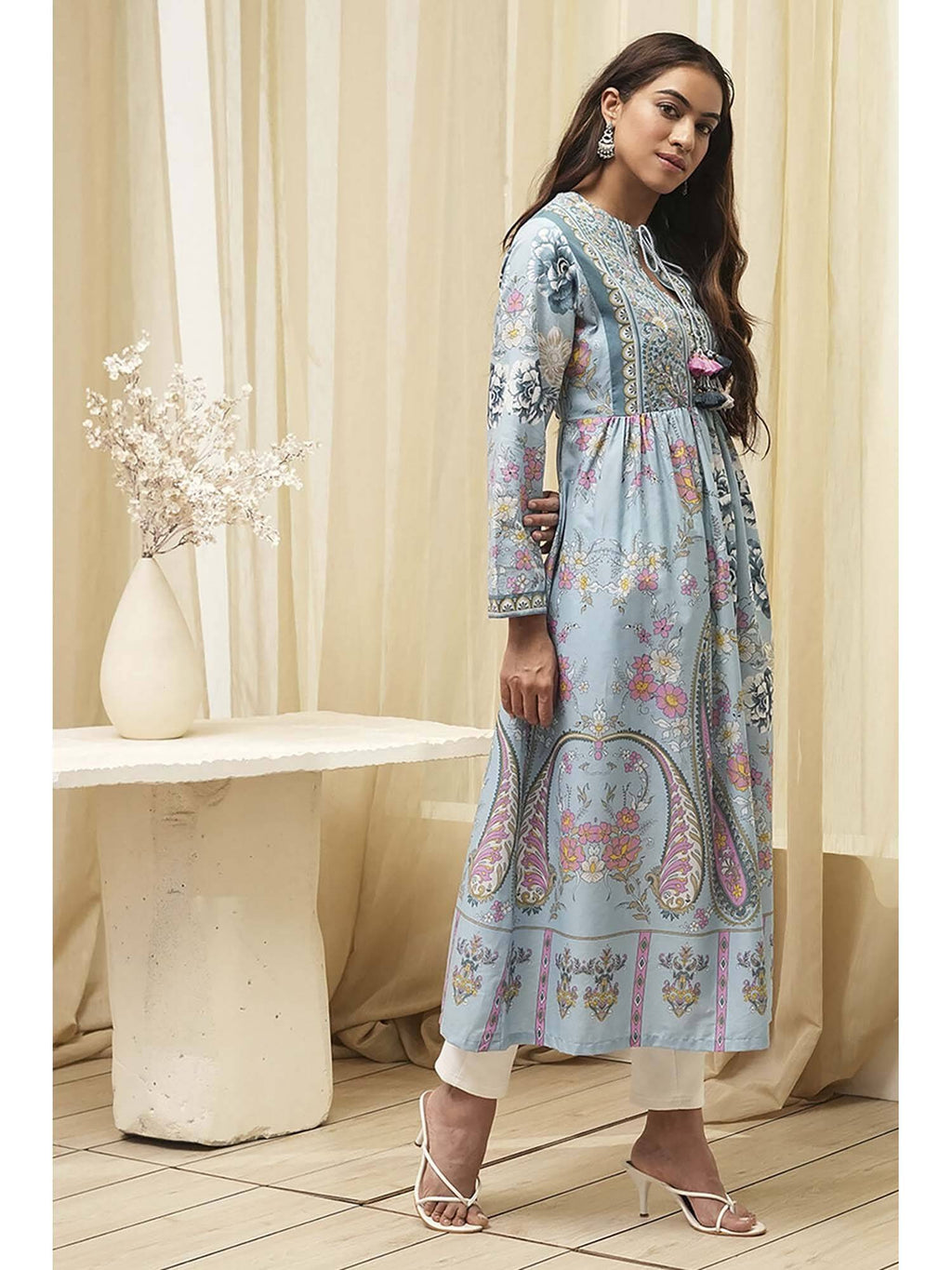 Women Dull Blue Cotton Floral Printed Flared Kurta | FY93 - view 5