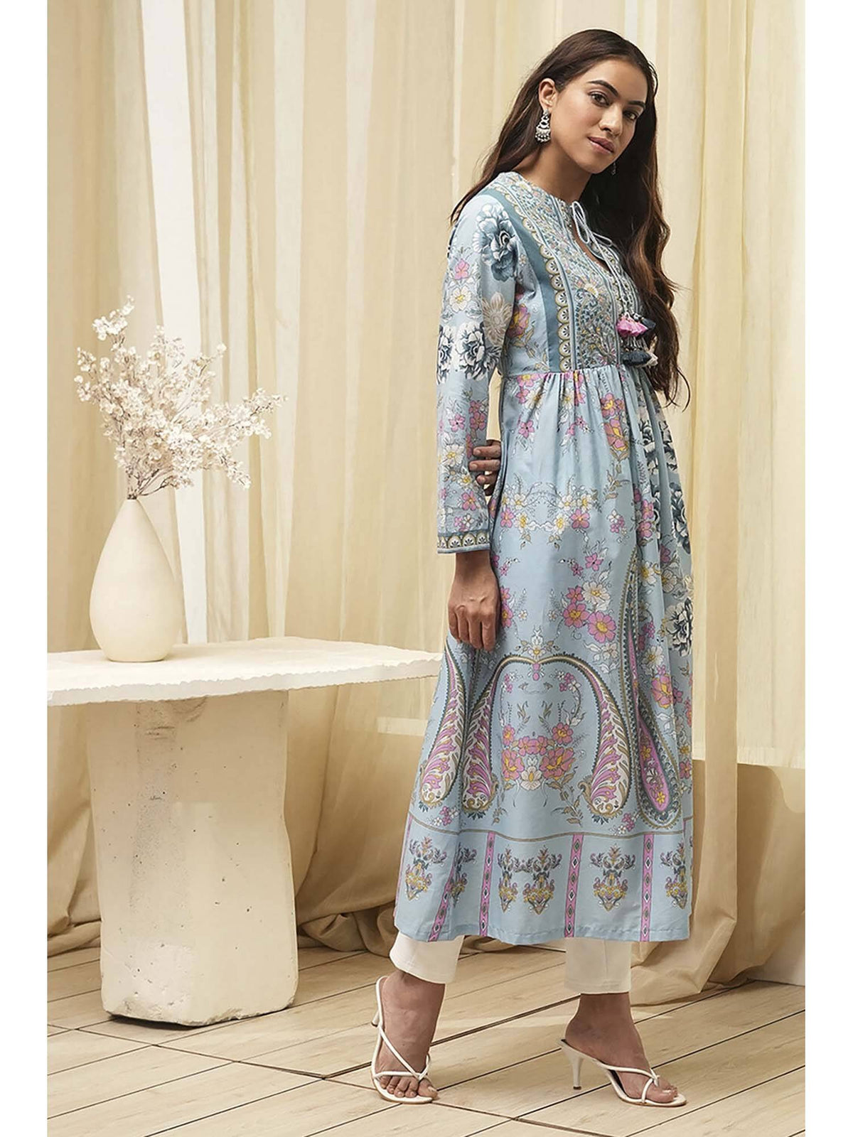 Women Dull Blue Cotton Floral Printed Flared Kurta | FY93 - view 5