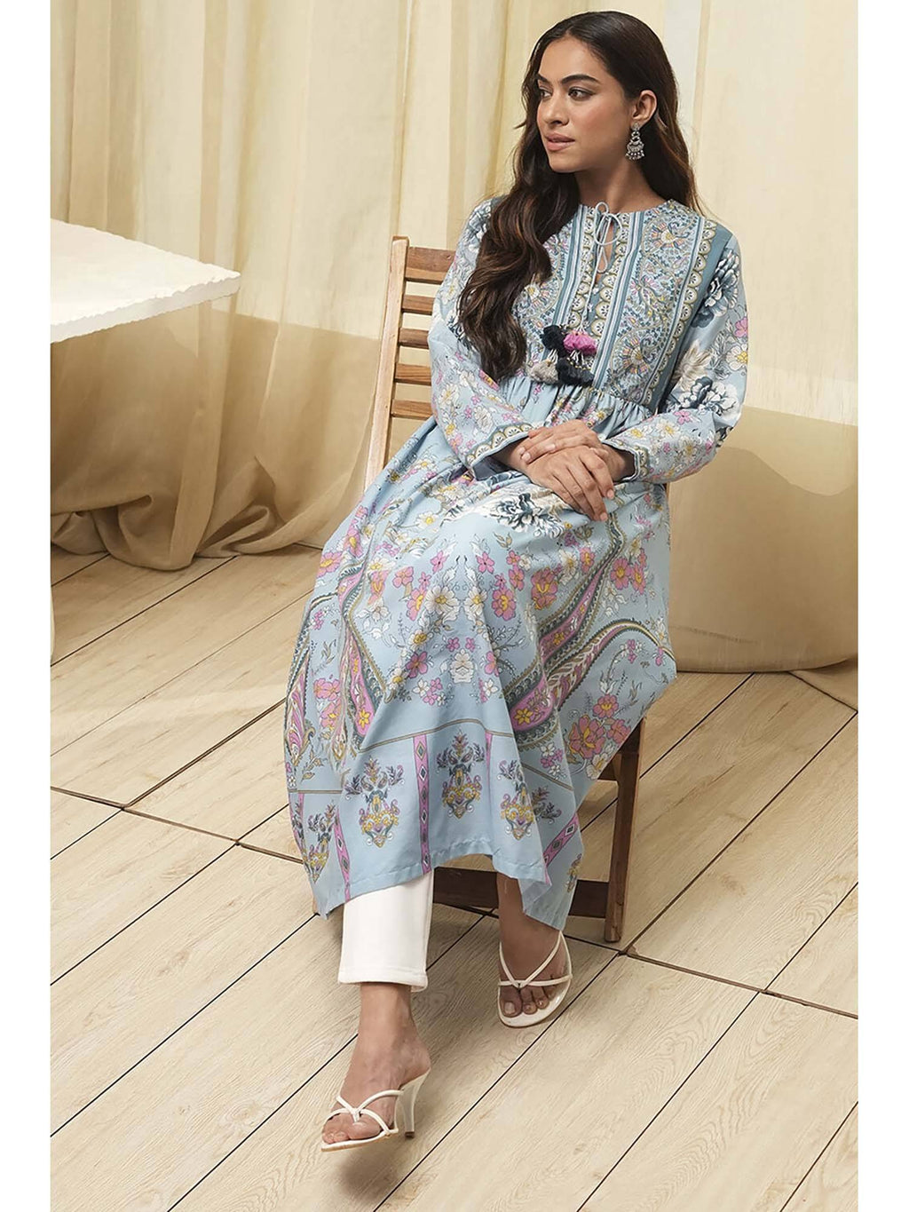 Women Dull Blue Cotton Floral Printed Flared Kurta | KDG - view 6