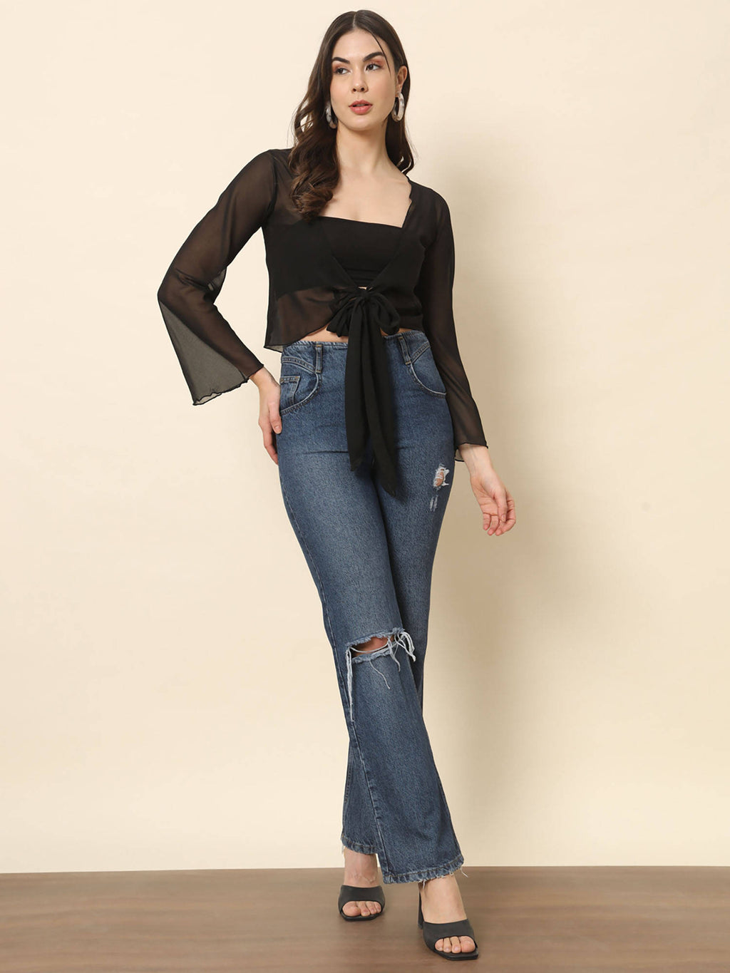 Black Front Tie-Up Crop Shrug Black | JC78 - view 2