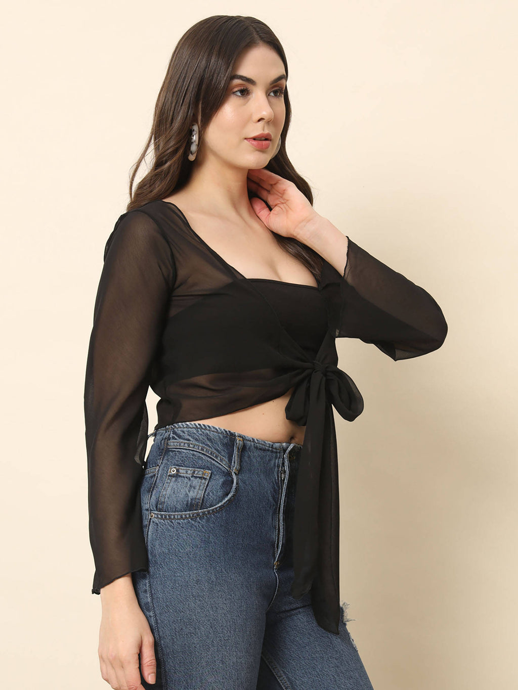 Black Front Tie-Up Crop Shrug Black | JC78 - view 4