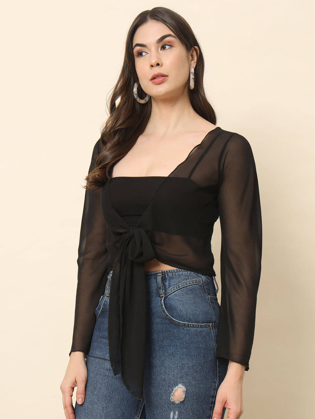 Black Front Tie-Up Crop Shrug Black | JC78 - view 5