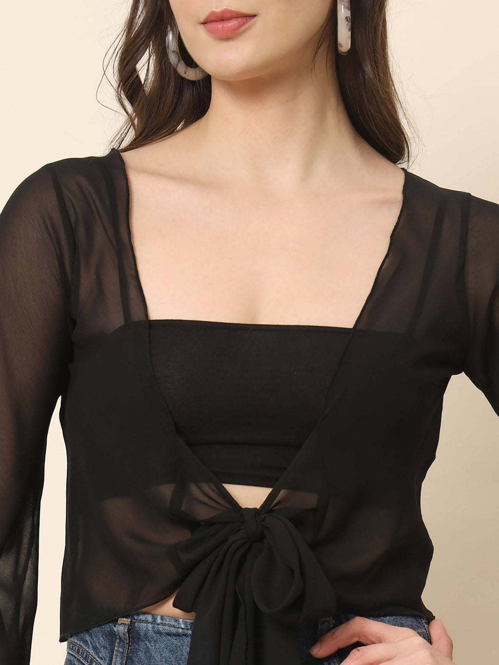 Black Front Tie-Up Crop Shrug Black | JC78 - view 6