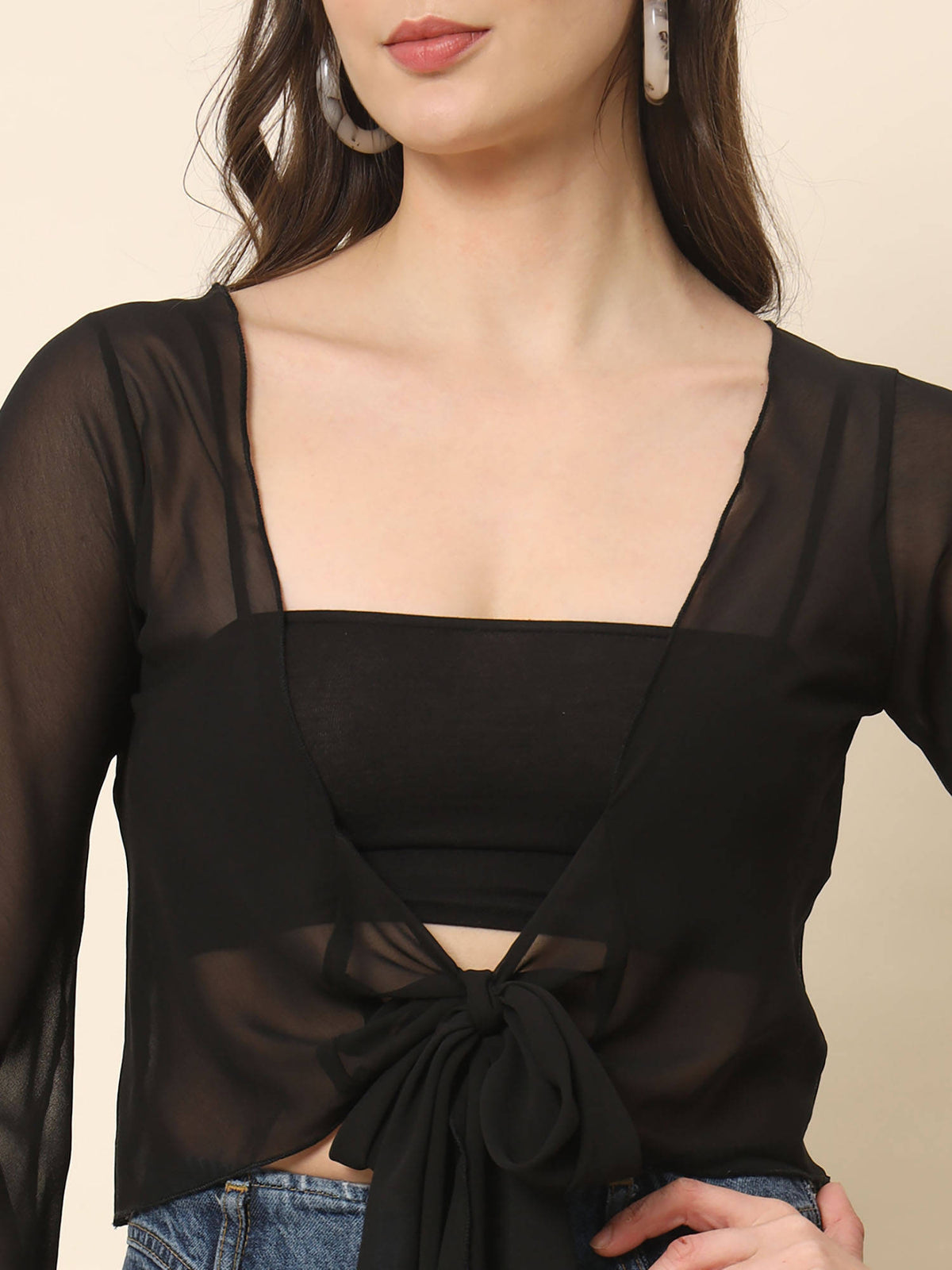 Black Front Tie-Up Crop Shrug Black | JC78 - view 6