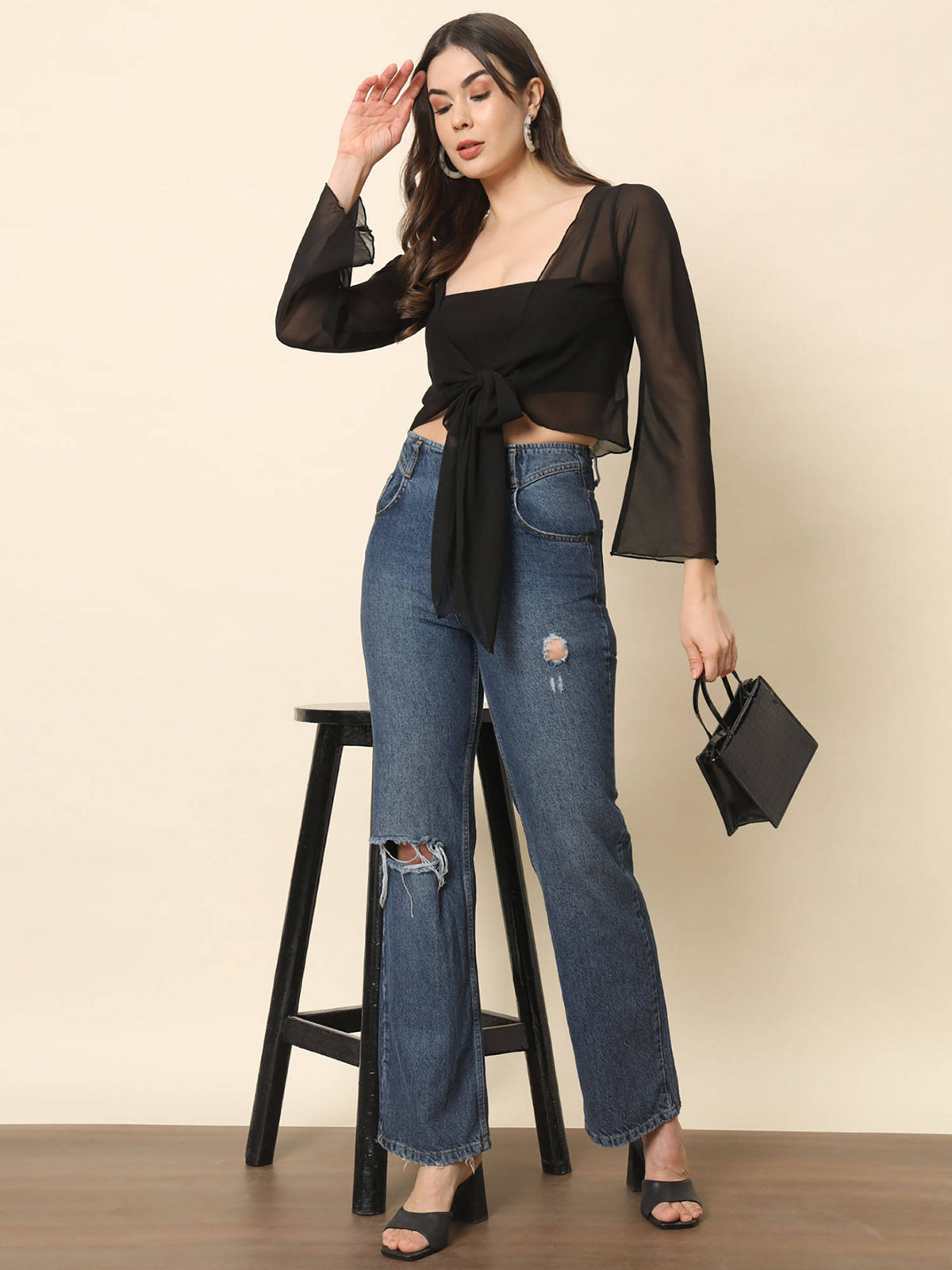 Black Front Tie-Up Crop Shrug Black | JC78 - view 7