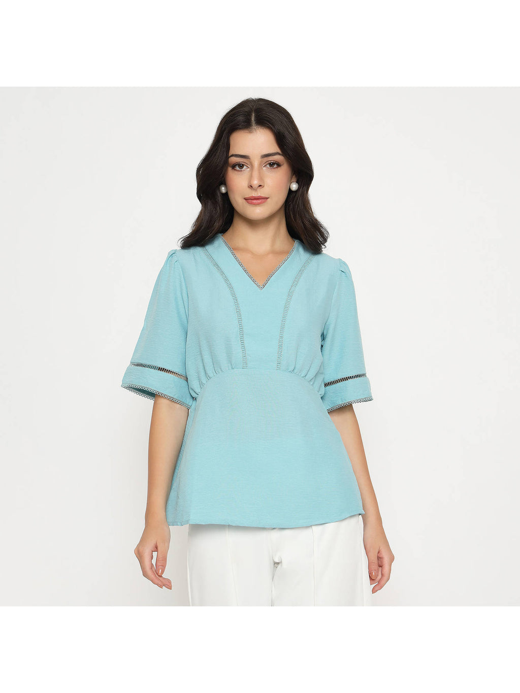 V Neck Sea Green Peplum Top | pt51 - view 1