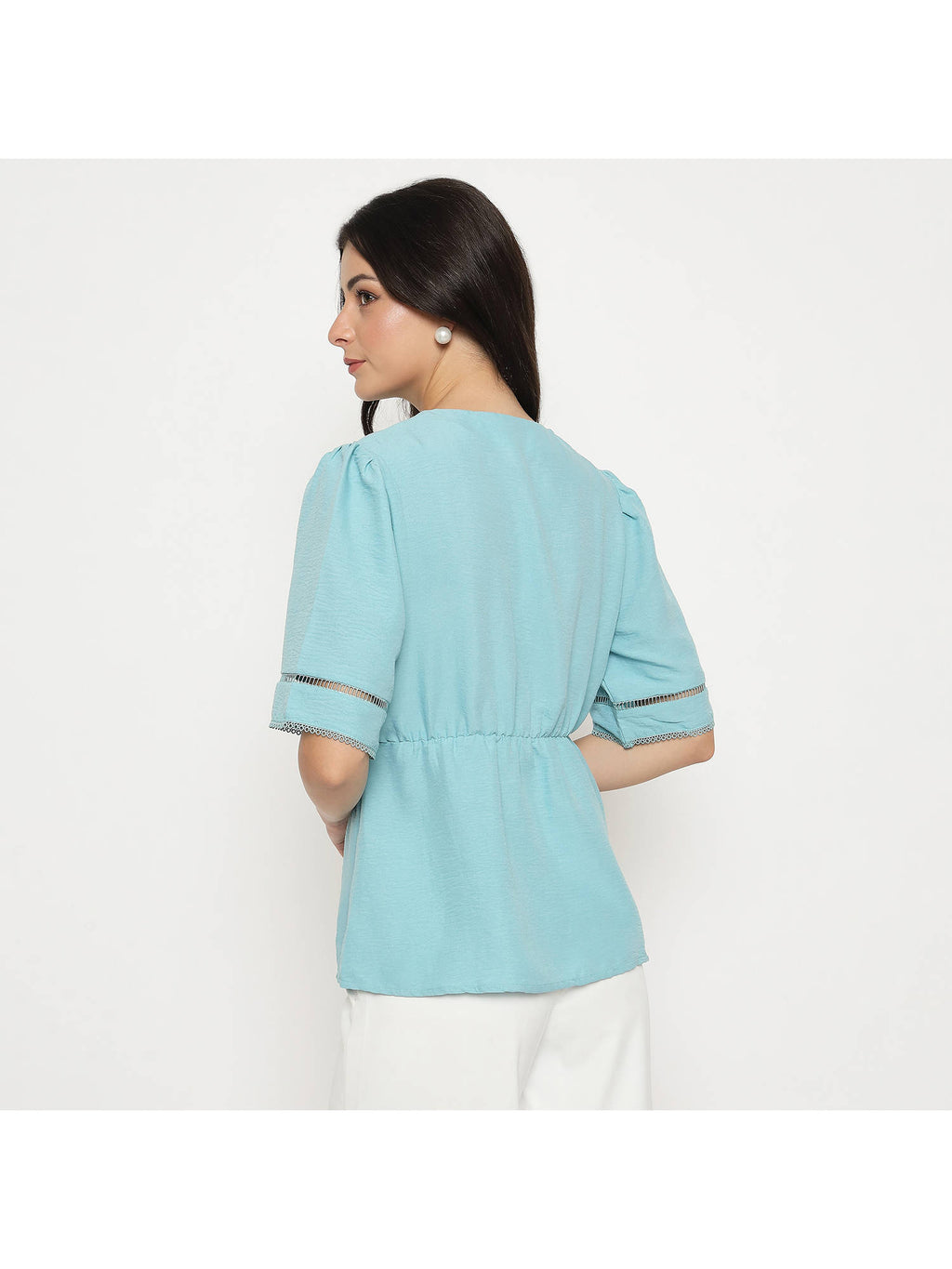 V Neck Sea Green Peplum Top | pt51 - view 2