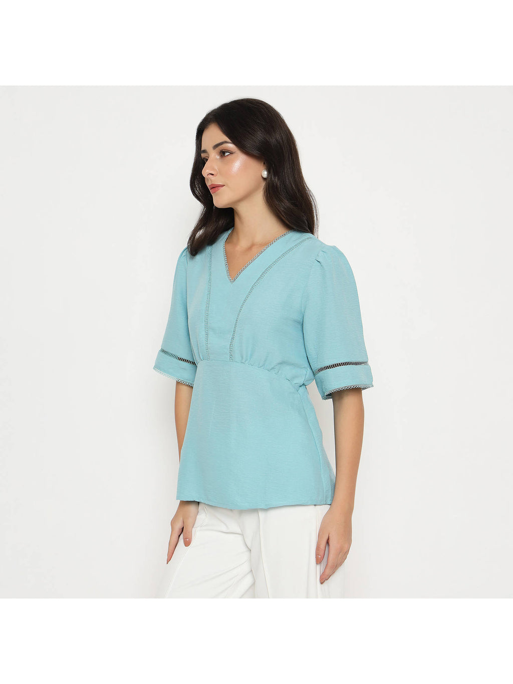 V Neck Sea Green Peplum Top | pt51 - view 3