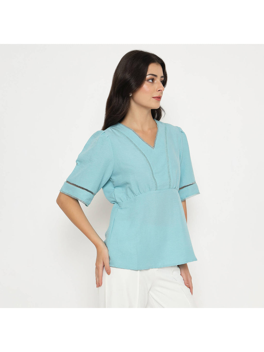 V Neck Sea Green Peplum Top | pt51 - view 4