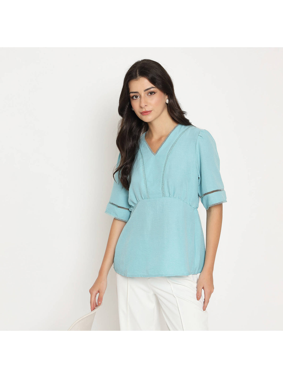 V Neck Sea Green Peplum Top | pt51 - view 6