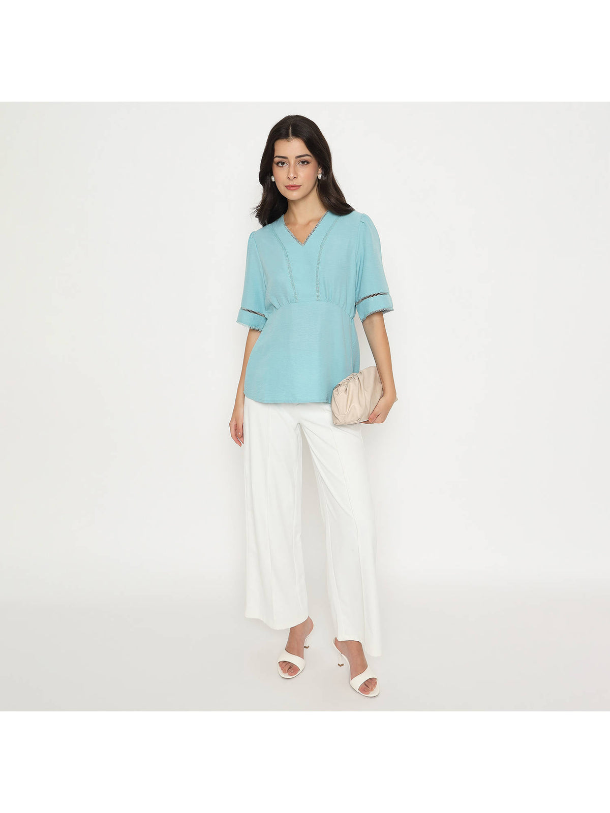 V Neck Sea Green Peplum Top | pt51 - view 7