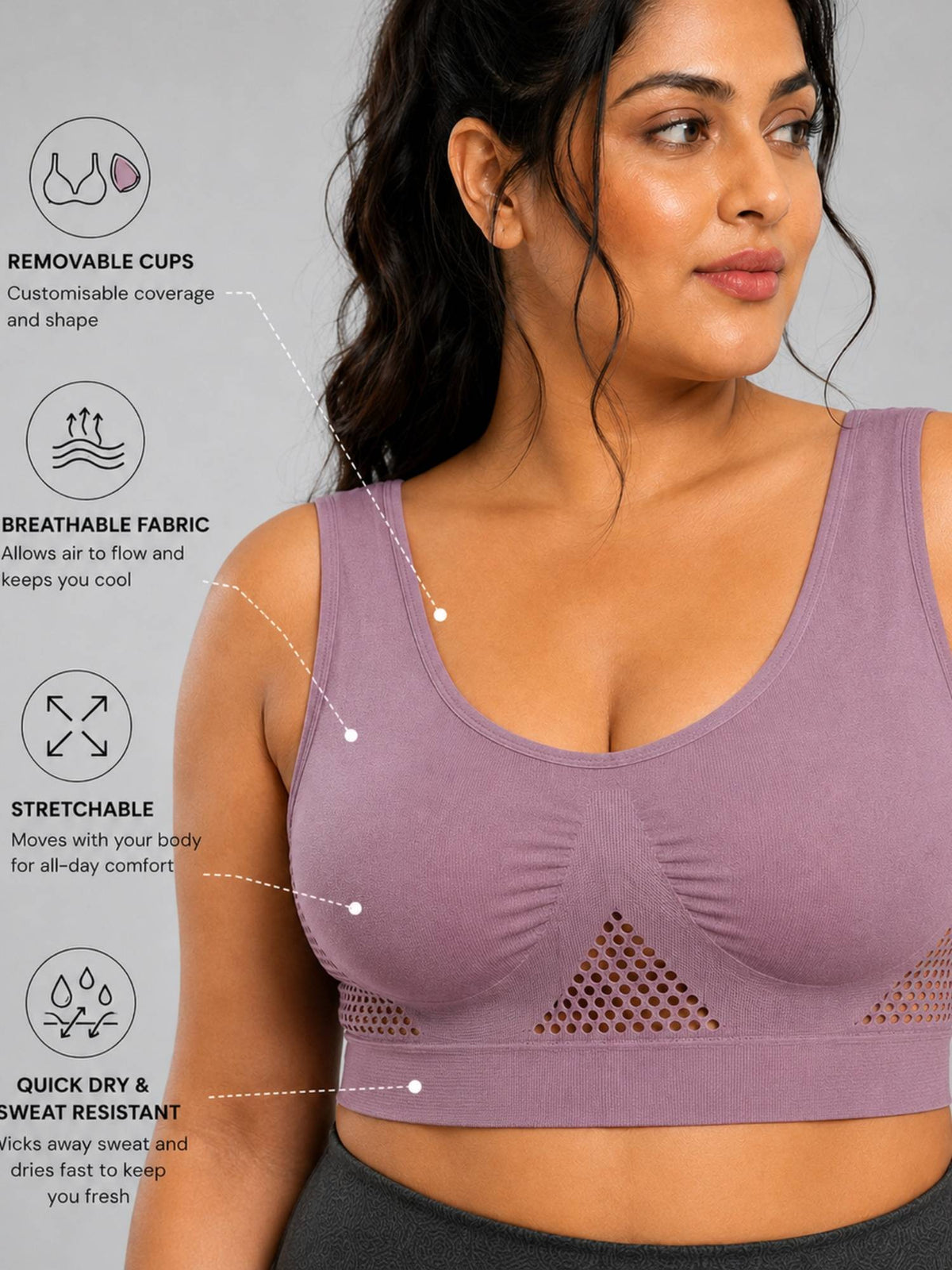 Black Padded Wire Free and High Coverage Sports Bra | sb09 - view 9