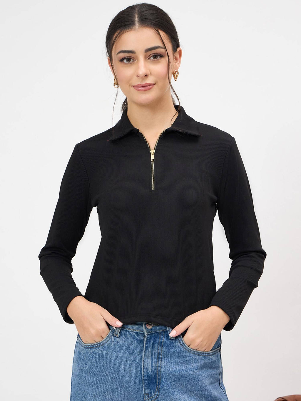 Stretchable Full Sleeves Front Zip Up Polo T-Shirt | PW43 - view 1
