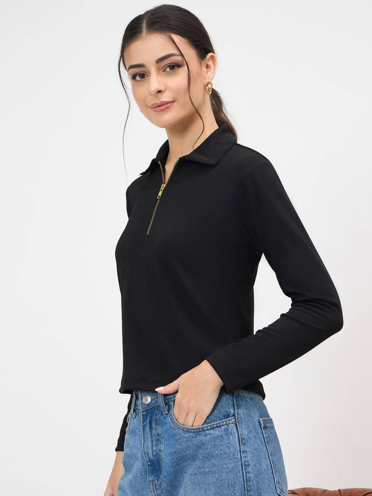 Stretchable Full Sleeves Front Zip Up Polo T-Shirt | PW43 - view 3