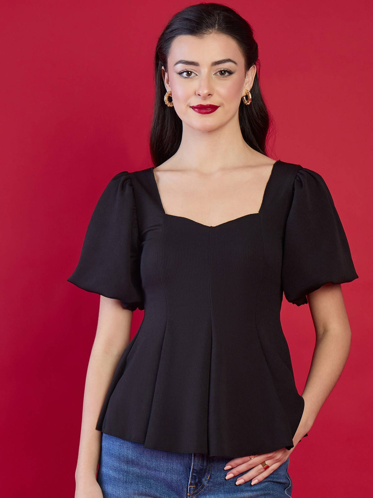Navy Blue Stretchable Sweetheart Neck Peplum Top | pt51 - view 7