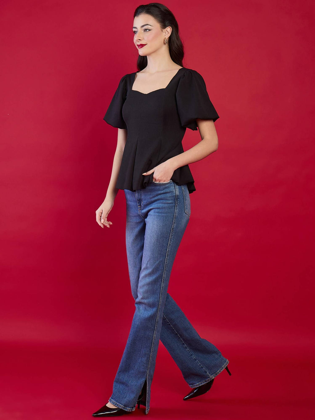 Navy Blue Stretchable Sweetheart Neck Peplum Top | pt51 - view 8