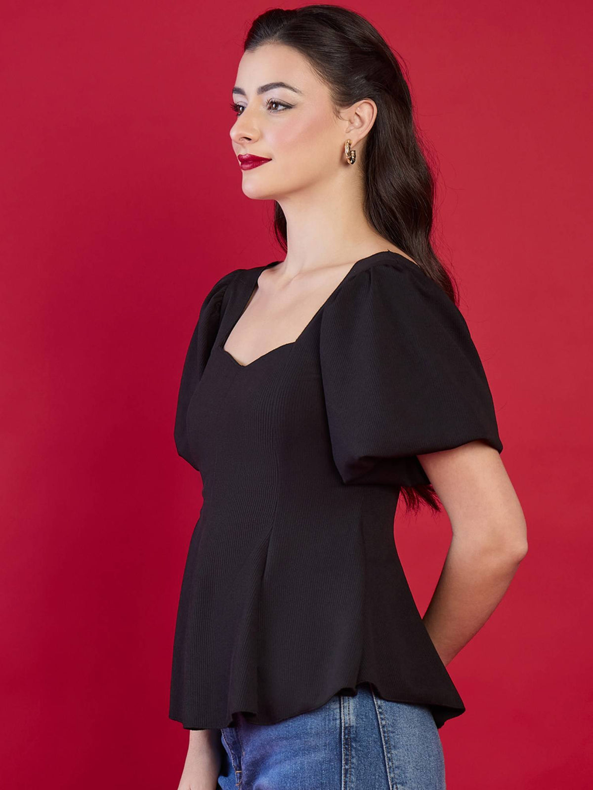 Navy Blue Stretchable Sweetheart Neck Peplum Top | pt51 - view 9