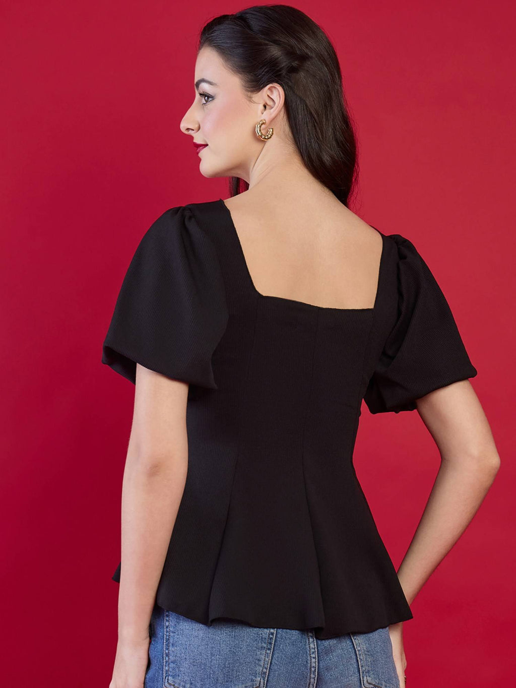 Navy Blue Stretchable Sweetheart Neck Peplum Top | pt51 - view 10