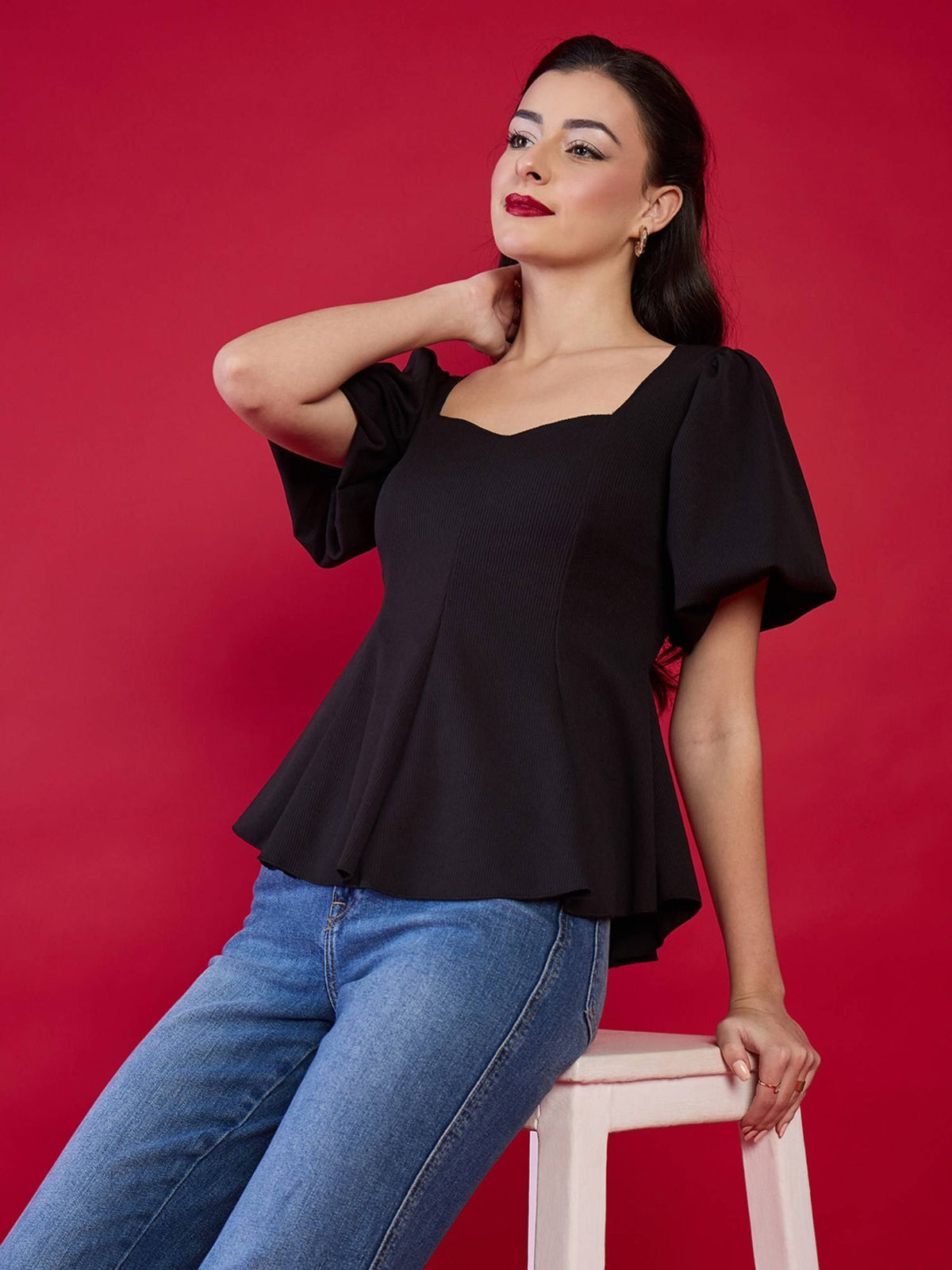 Navy Blue Stretchable Sweetheart Neck Peplum Top | pt51 - view 12