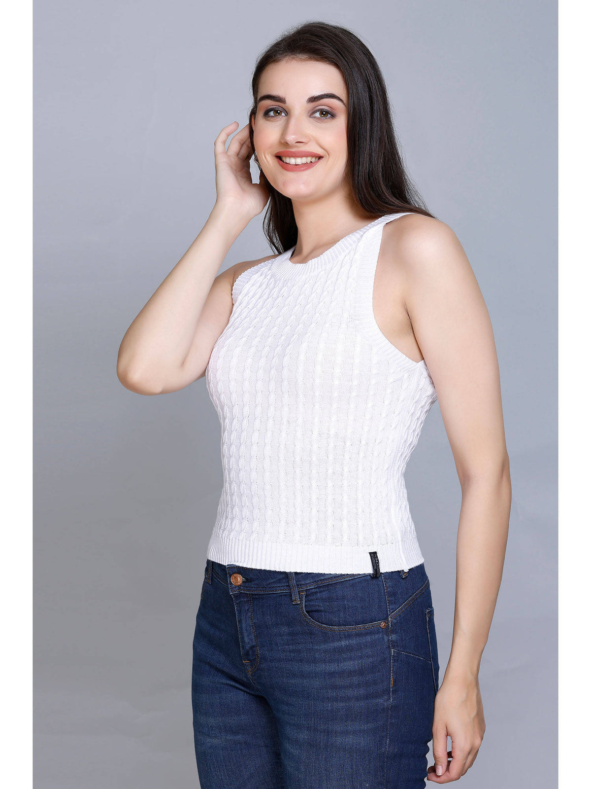 Cable Knit Halter Neck Sleeveless Slim Fit Smart Casual Summer Top | HT67 - view 3