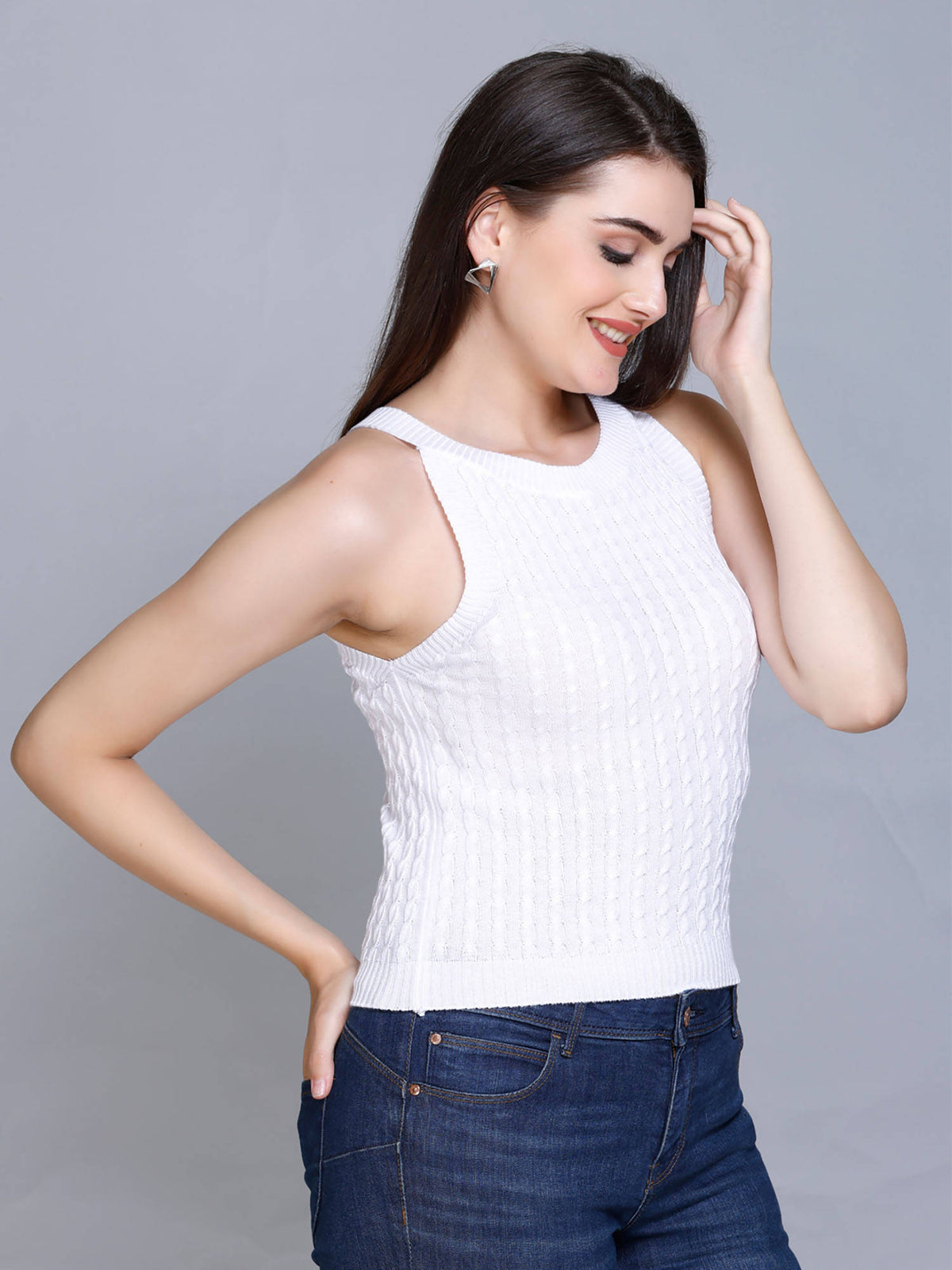 Cable Knit Halter Neck Sleeveless Slim Fit Smart Casual Summer Top | HT67 - view 4