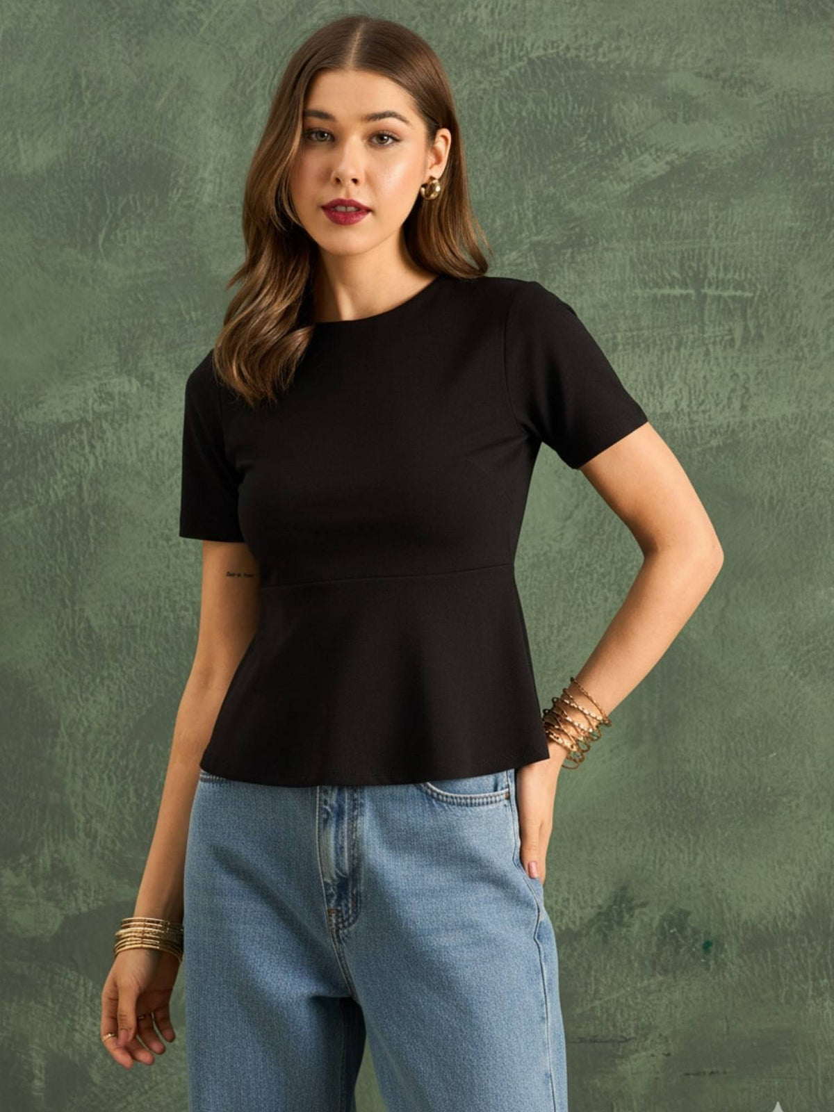 Stretchable Half Sleeve Peplum Black Top | pt51 - view 6