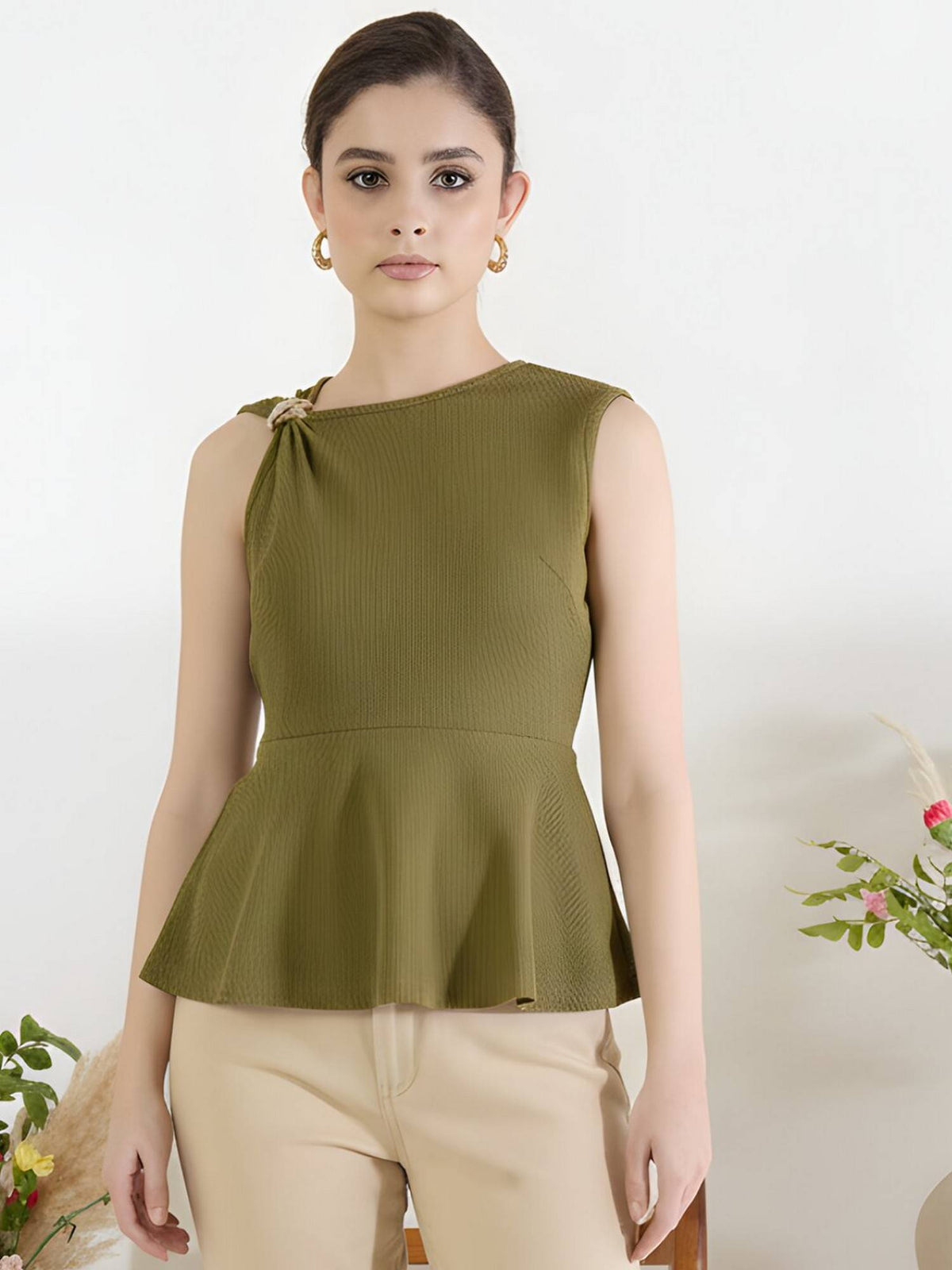 Stretchable Gathered Asymmetric with Gold Accent Olive Peplum Top | pt51 - view 1
