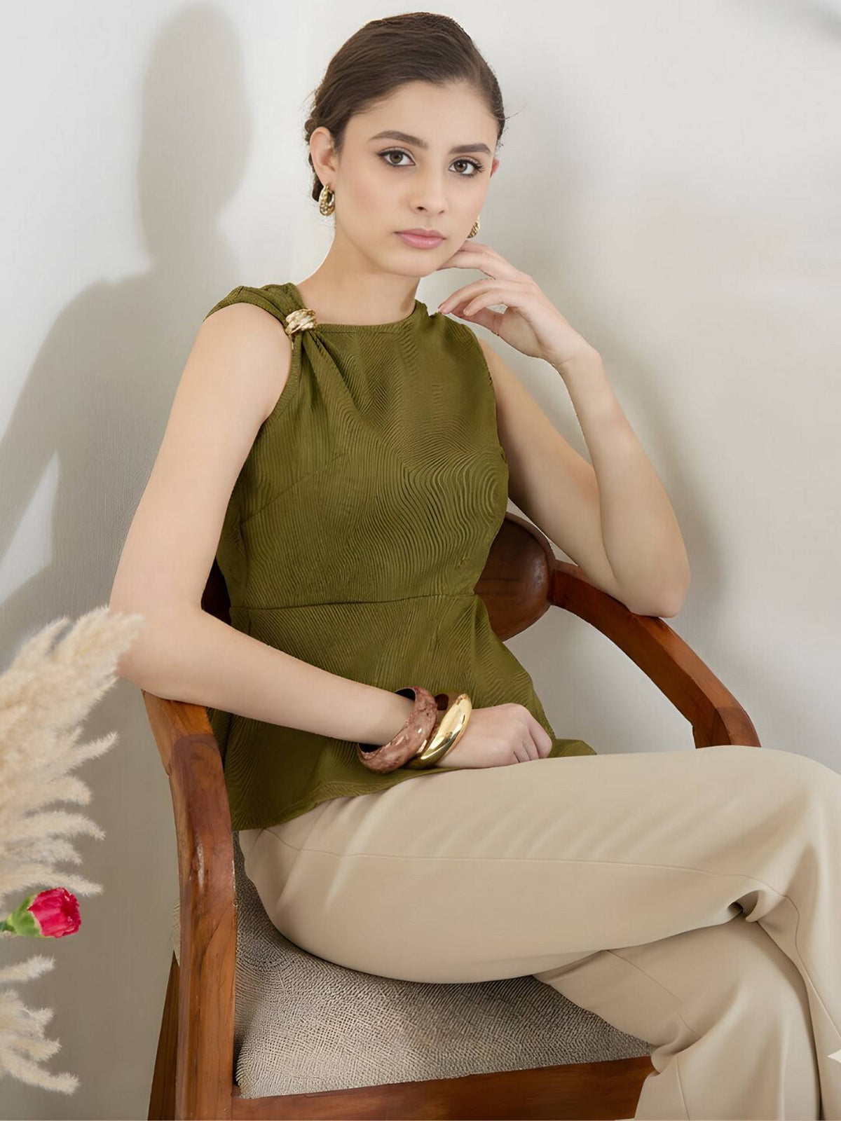 Stretchable Gathered Asymmetric with Gold Accent Olive Peplum Top | pt51 - view 2