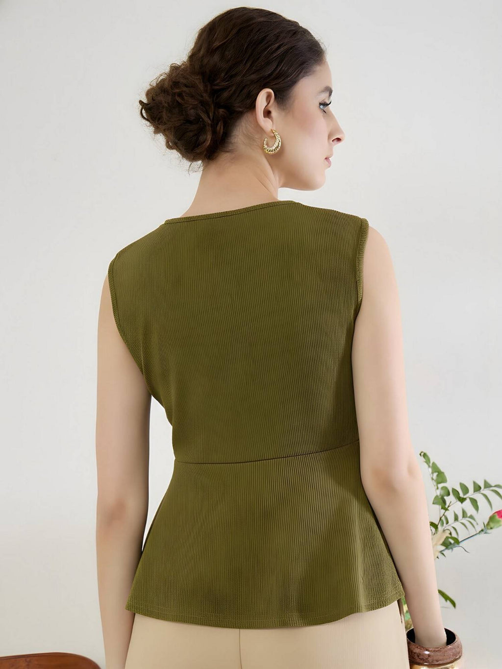 Stretchable Gathered Asymmetric with Gold Accent Olive Peplum Top | pt51 - view 4