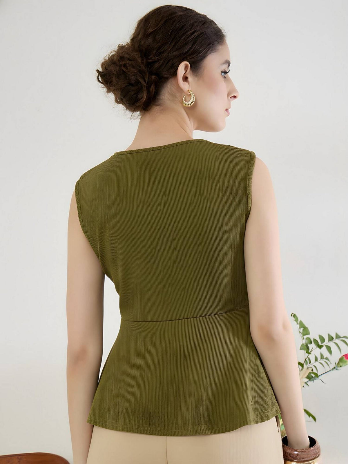 Stretchable Gathered Asymmetric with Gold Accent Olive Peplum Top | pt51 - view 4