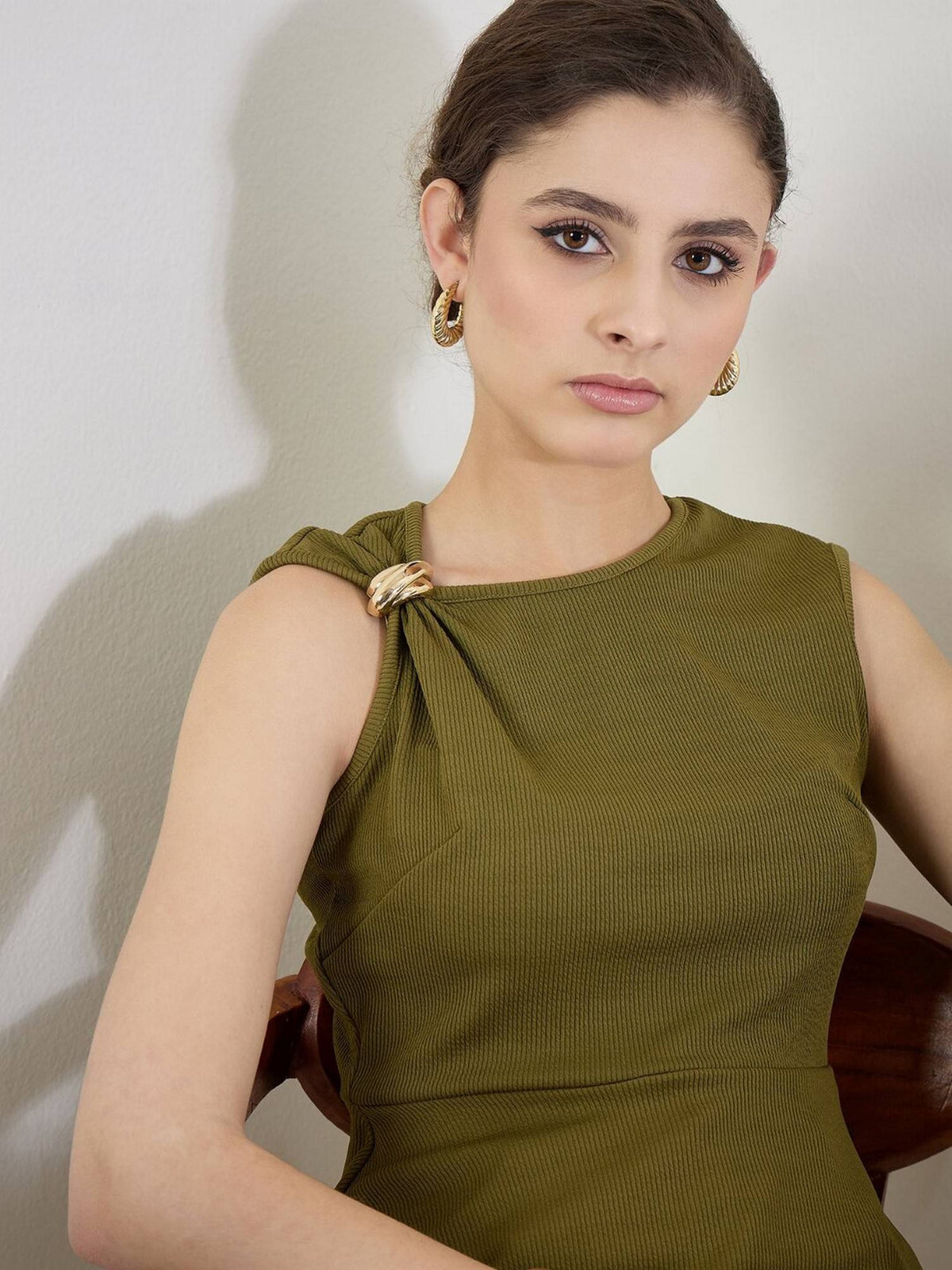 Stretchable Gathered Asymmetric with Gold Accent Olive Peplum Top | pt51 - view 5