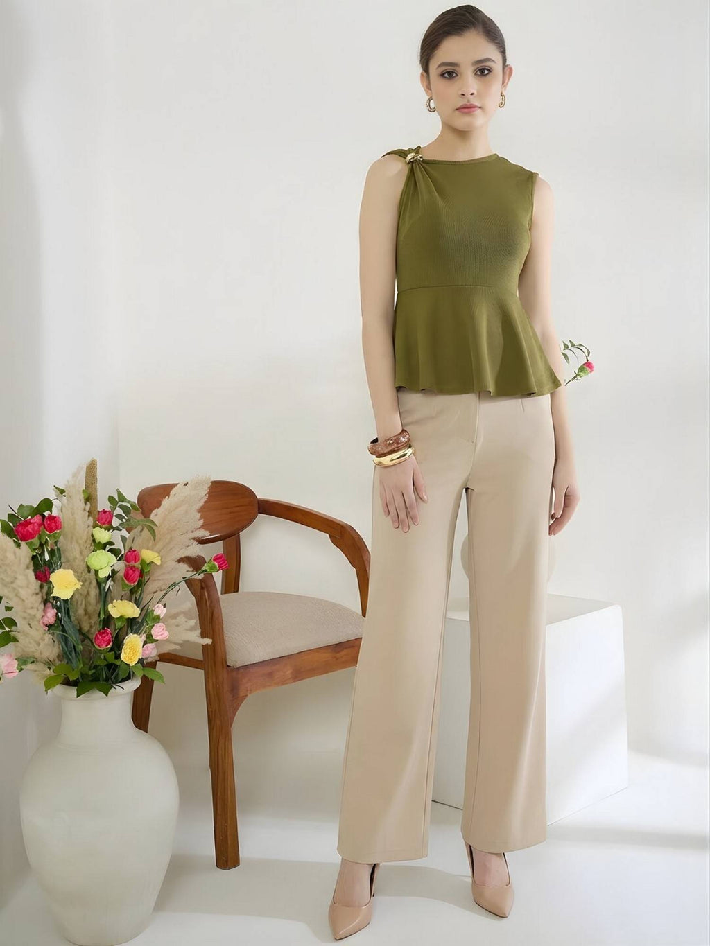Stretchable Gathered Asymmetric with Gold Accent Olive Peplum Top | pt51 - view 6