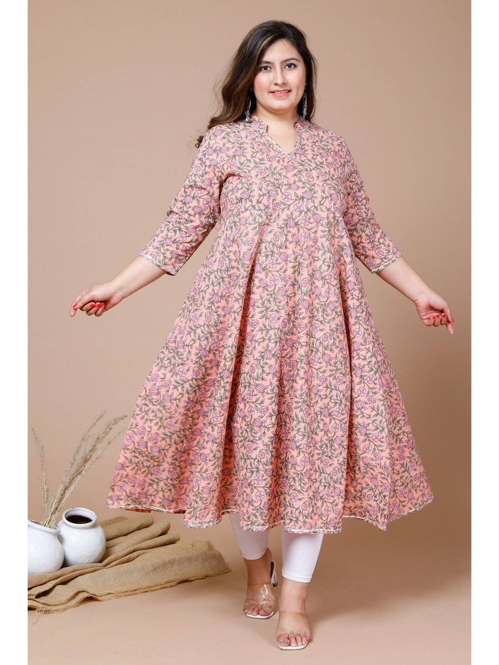Womens Peach Plus Size Cotton Floral Printed Anarkali Kurta | KDG - view 1