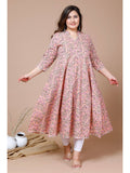 Womens Peach Plus Size Cotton Floral Printed Anarkali Kurta | KDG - view 1