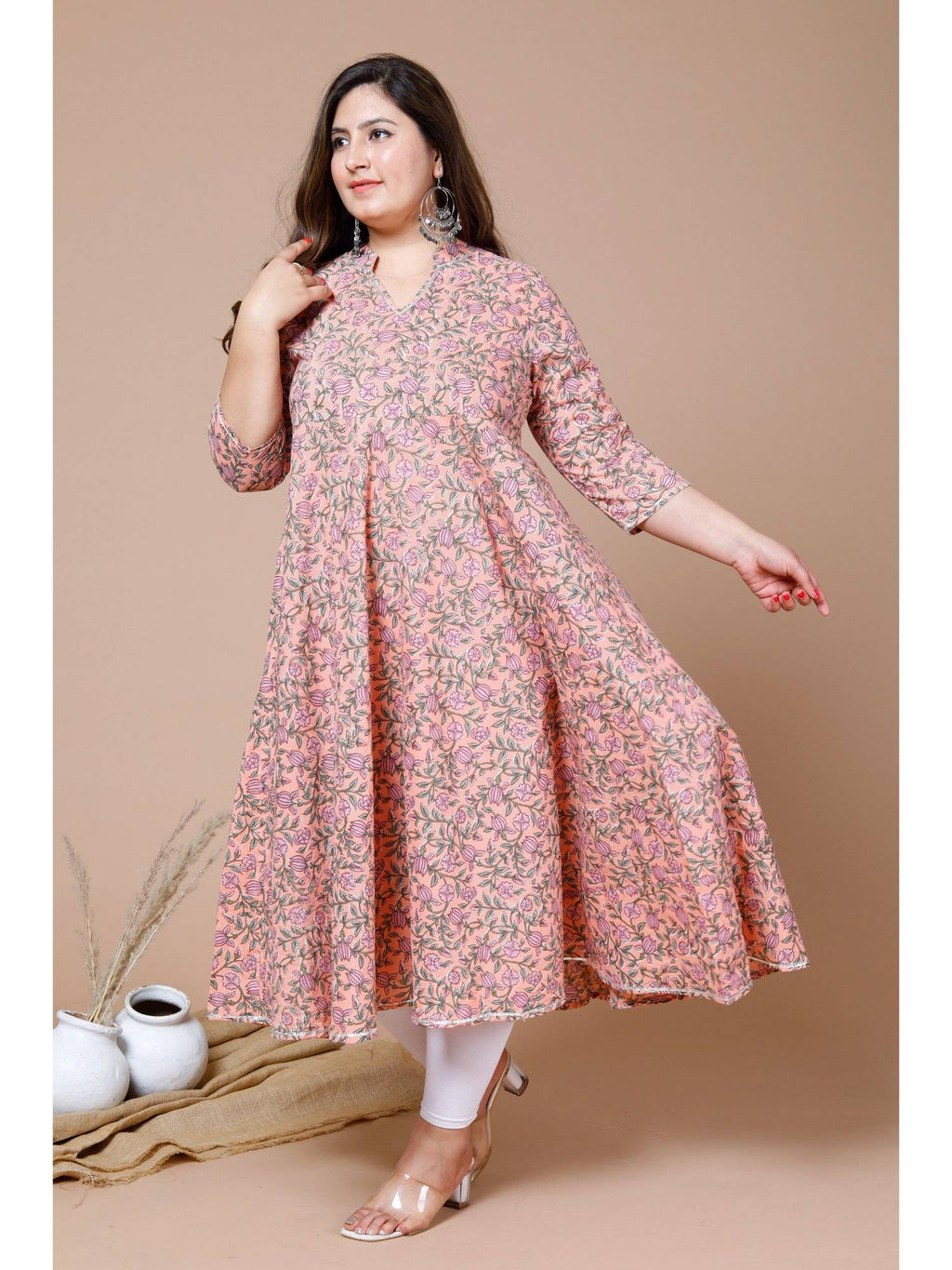 Womens Peach Plus Size Cotton Floral Printed Anarkali Kurta | KDG - view 2