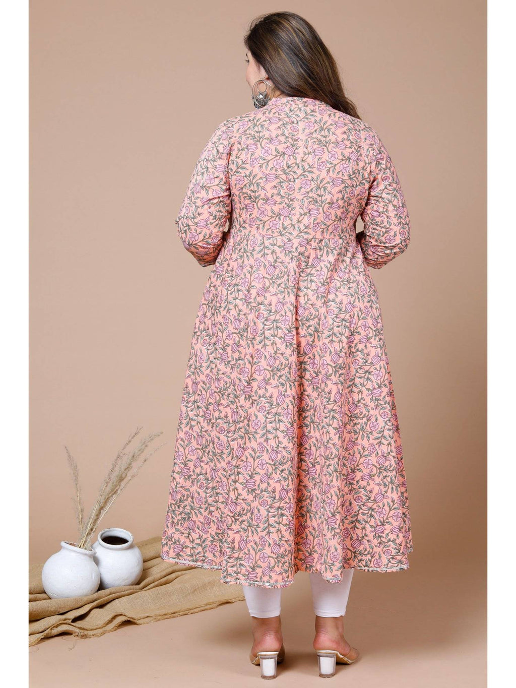 Womens Peach Plus Size Cotton Floral Printed Anarkali Kurta | KDG - view 3
