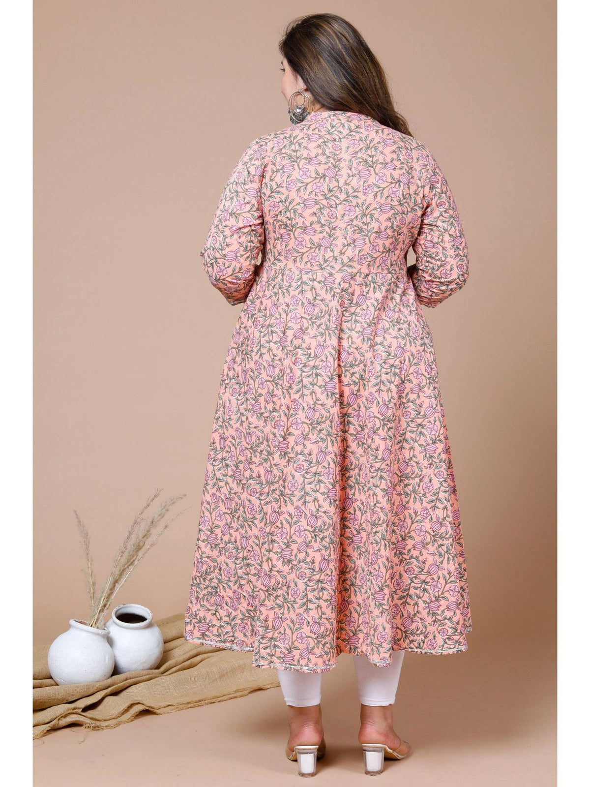 Womens Peach Plus Size Cotton Floral Printed Anarkali Kurta | KDG - view 3