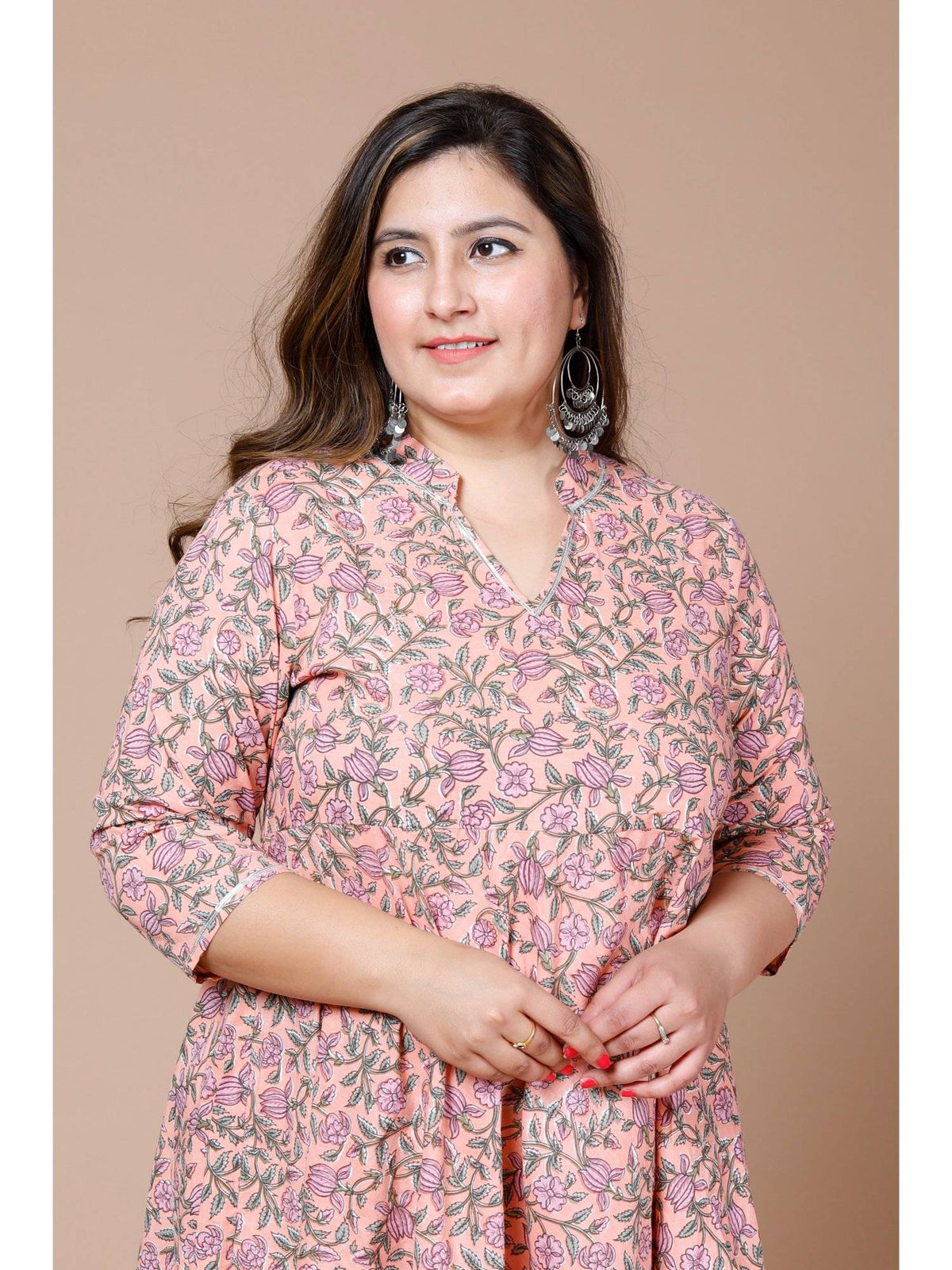Womens Peach Plus Size Cotton Floral Printed Anarkali Kurta | KDG - view 4