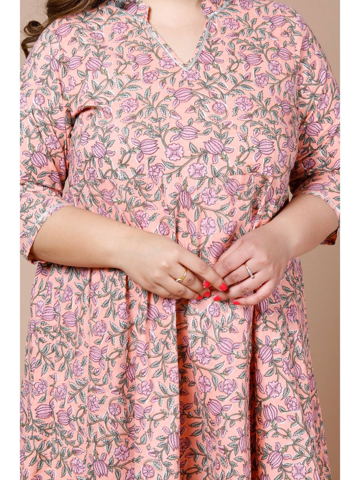 Womens Peach Plus Size Cotton Floral Printed Anarkali Kurta | KDG - view 5