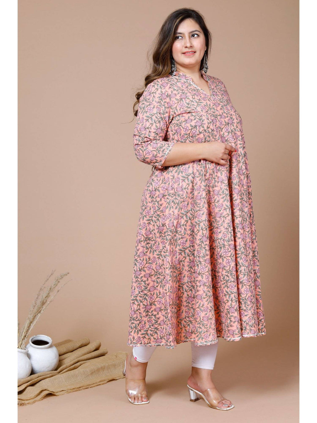 Womens Peach Plus Size Cotton Floral Printed Anarkali Kurta | KDG - view 6