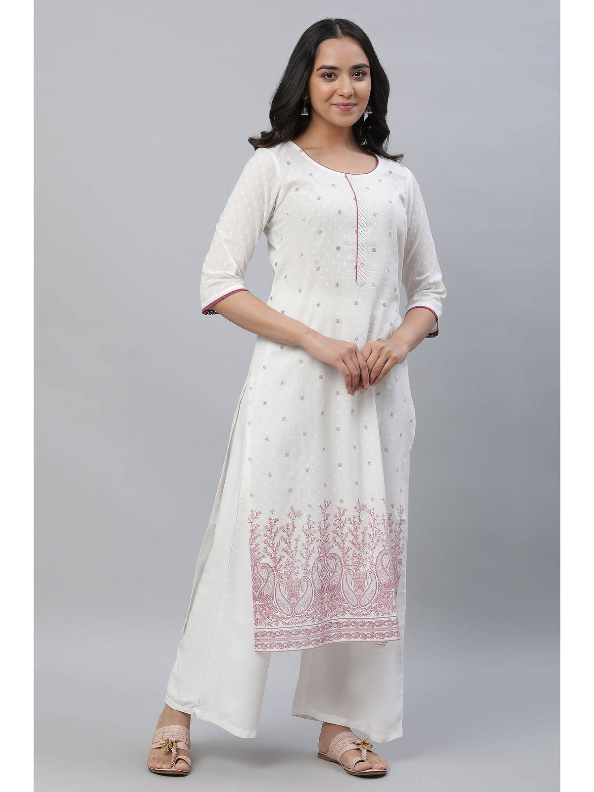 White Straight Kurta In Purple Floral Print | U3S - view 1
