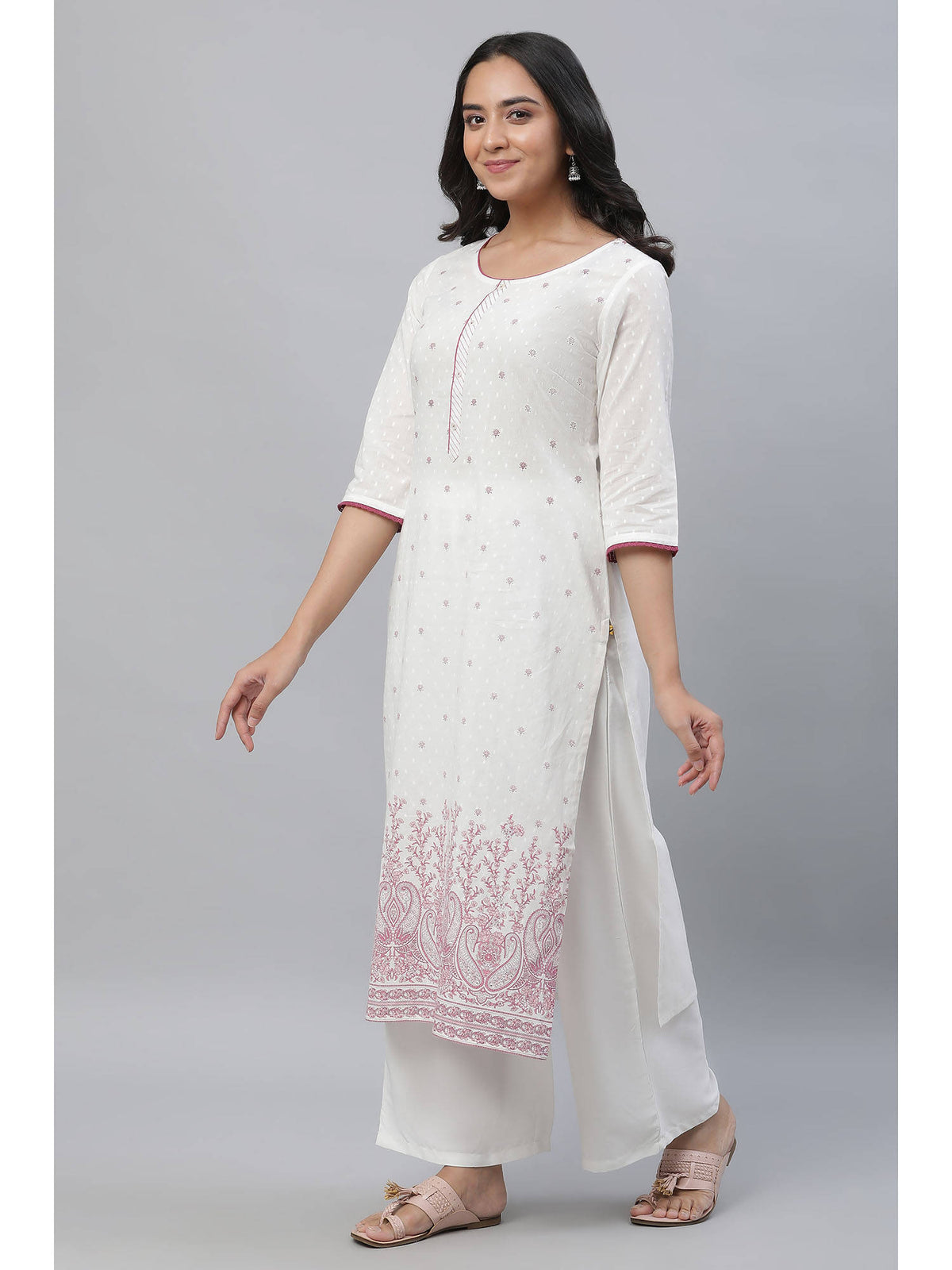 White Straight Kurta In Purple Floral Print | U3S - view 2