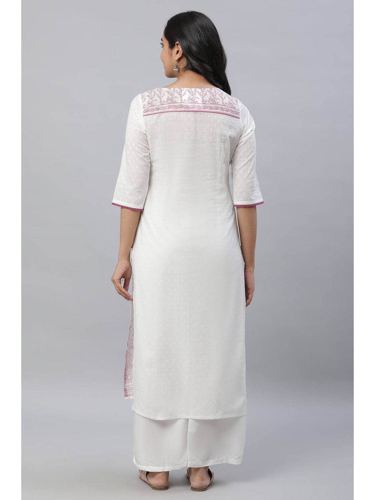 White Straight Kurta In Purple Floral Print | U3S - view 3
