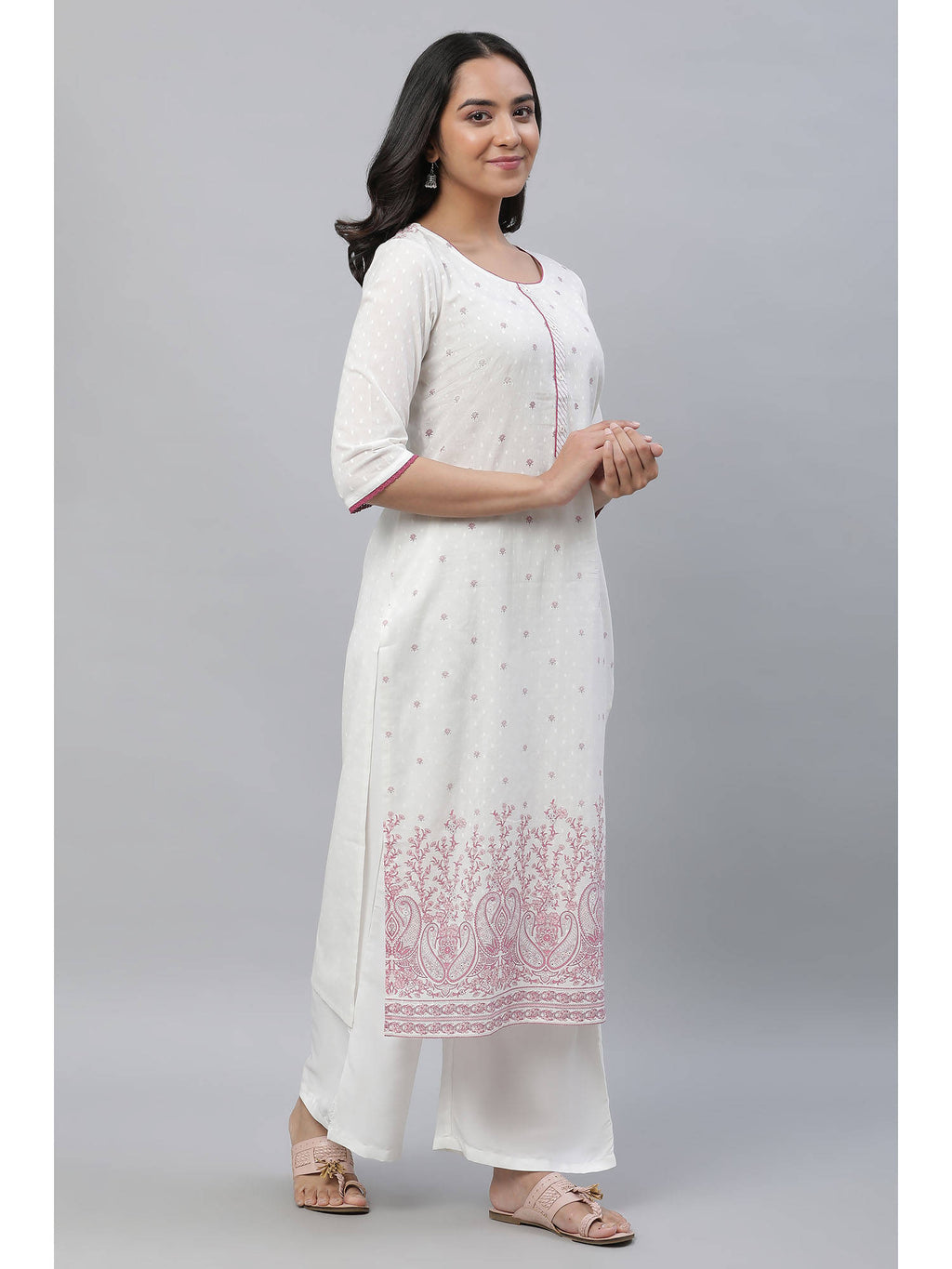 White Straight Kurta In Purple Floral Print | U3S - view 4