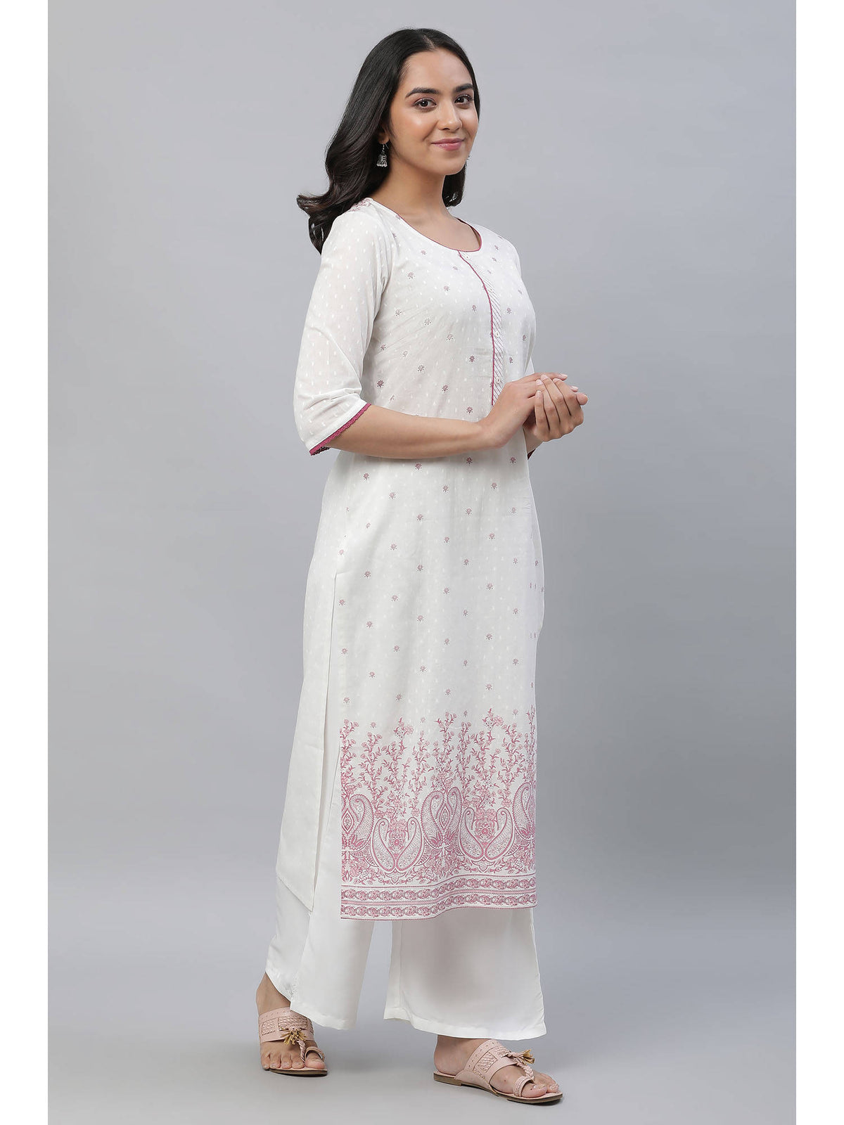 White Straight Kurta In Purple Floral Print | U3S - view 4