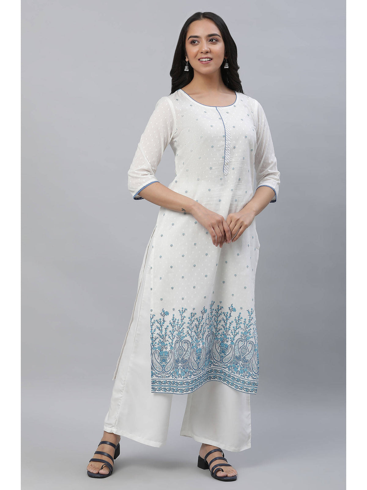 White Straight Kurta In Purple Floral Print | U3S - view 8
