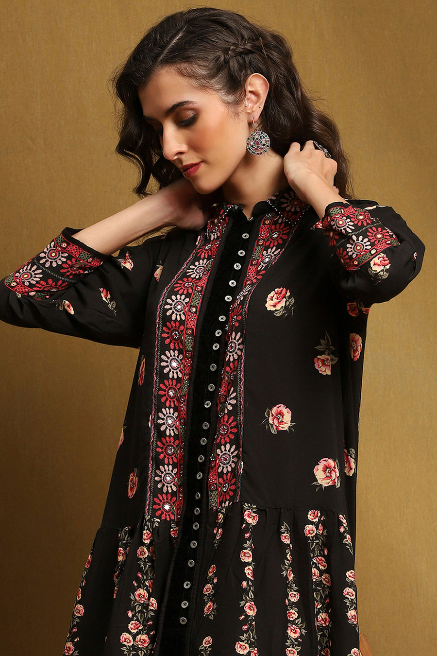 Black Floral Printed Shirt-Style Tiered Kurta K60