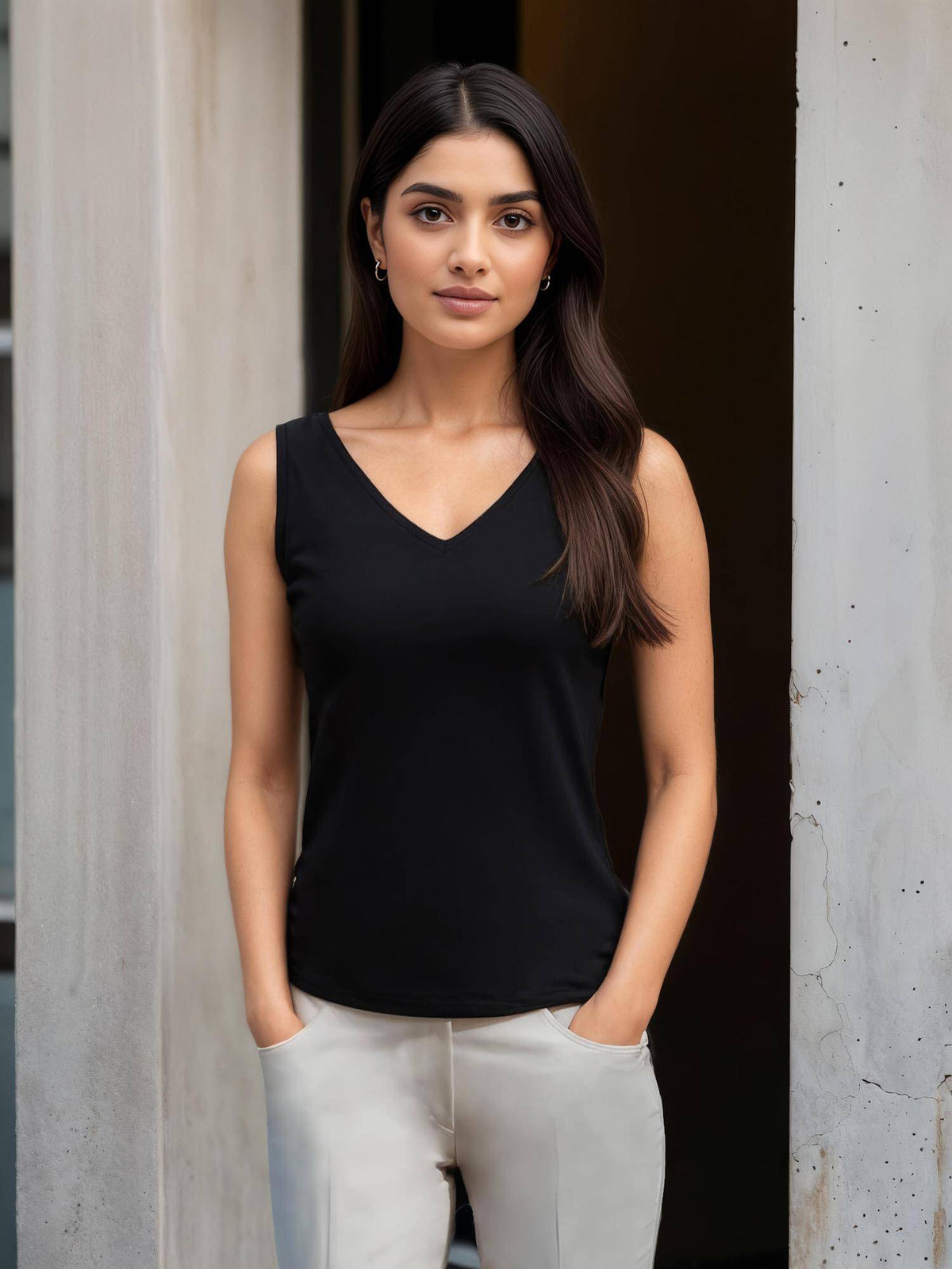 Stretchable V Neck LivIn Camisole - Black | TT98 - view 1