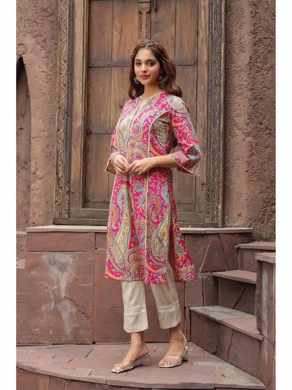Women Fuchsia Print Paisley Printed Straight Pure Cotton Kurta | FY93 - view 3