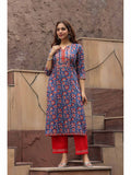 Women Navy Blue Floral Printed Pure Cotton Straight Kurta | FY93 - view 1